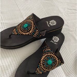 Yellow box cute sandals.  Turquoise and Gold